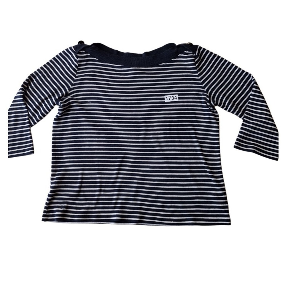 LAUREN RALPH LAUREN Blouse Women‎ L Black White Stripes 3/4 Sleeve Beach Casual